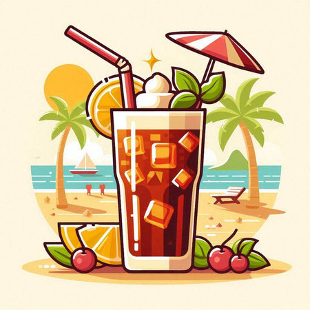 Summer cocktail on the beach. Vector illustration in flat cartoon style.のイラスト素材
