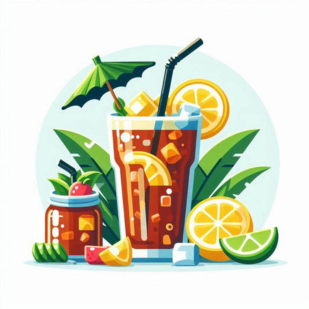 Vector illustration of a glass of cola with ice cubes, lemon slices, lime juice and straws.のイラスト素材