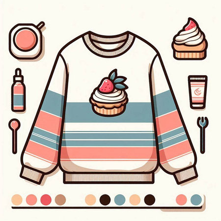 Vector illustration of sweater with cupcake and cosmetics. Colorful template.のイラスト素材