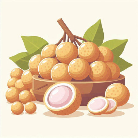 Longan fruit in wooden bowl with green leaves. Vector illustration.のイラスト素材