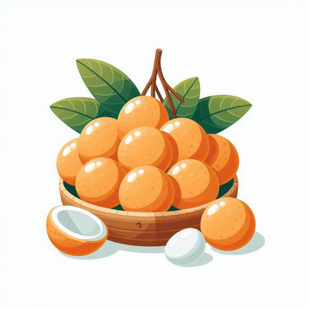 Longan fruit in a basket isolated on white background. Vector illustration.のイラスト素材