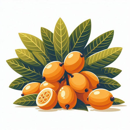 Vector illustration of ripe loquat fruits with leaves on white backgroundのイラスト素材