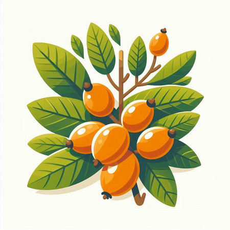 Sea buckthorn berries on branch with leaves. Vector illustration.のイラスト素材