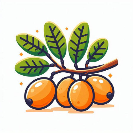 Sea buckthorn branch with ripe berries and leaves. Vector illustration.のイラスト素材