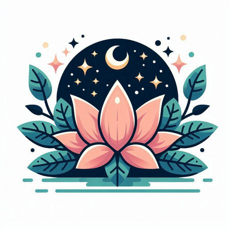 Vector illustration with lotus flower, moon, stars and leaves.のイラスト素材