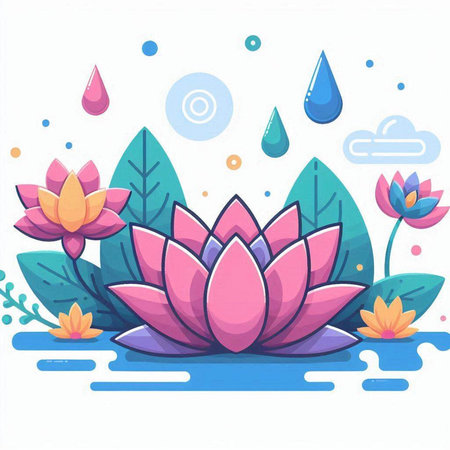 Lotus flower and water drop. Vector illustration in flat style.のイラスト素材