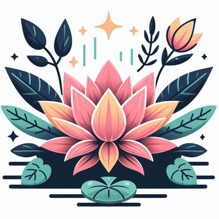 Lotus flower and leaves. Vector illustration in a flat style.のイラスト素材