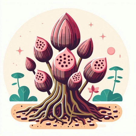 Lotus flower with roots and leaves. Vector illustration in cartoon style.のイラスト素材