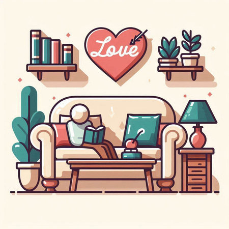 Living room interior with sofa, bookshelf, coffee table, bookshelf, lamp and glasses. Flat vector illustration.のイラスト素材