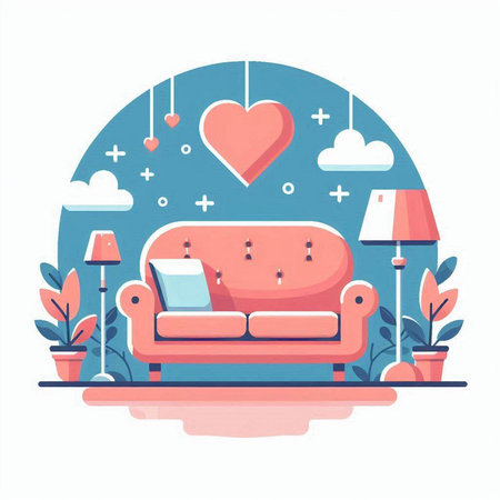 Comfortable sofa with pillows in the living room. Flat vector illustration.のイラスト素材