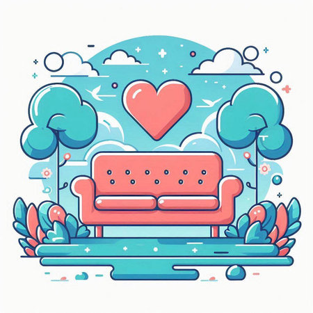Vector illustration of a cozy room with a sofa and a heart.のイラスト素材