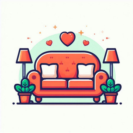 Sofa with pillows and hearts. Vector illustration in flat styleのイラスト素材