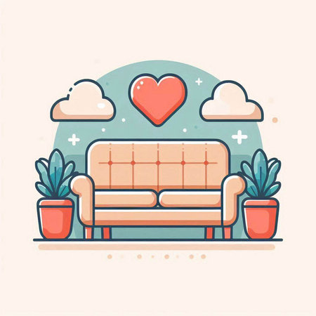 Flat line style vector illustration of a cozy living room with a sofa and a heart in a pot.のイラスト素材