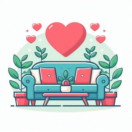 Vector illustration of a love sofa in flat style with hearts and plants.のイラスト素材