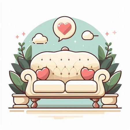 Illustration of a sofa with heart-shaped cushions and plantsのイラスト素材