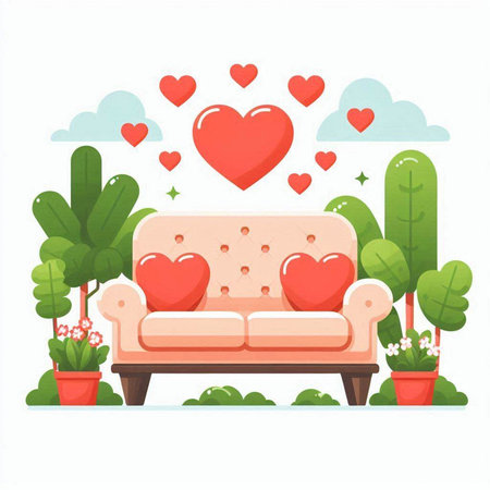 Vector illustration of a cozy sofa in the garden with hearts. Flat style.のイラスト素材