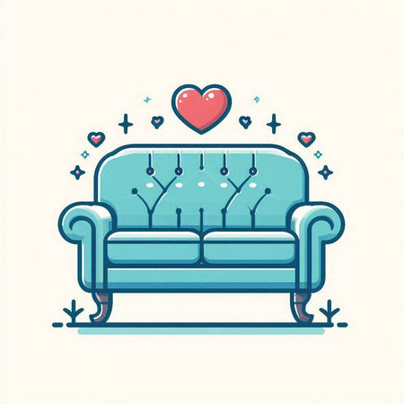 Sofa with heart icon in flat line art style. Vector illustration.のイラスト素材