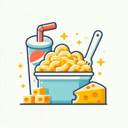 Vector illustration of a bowl of macaroni with cheese and colaのイラスト素材