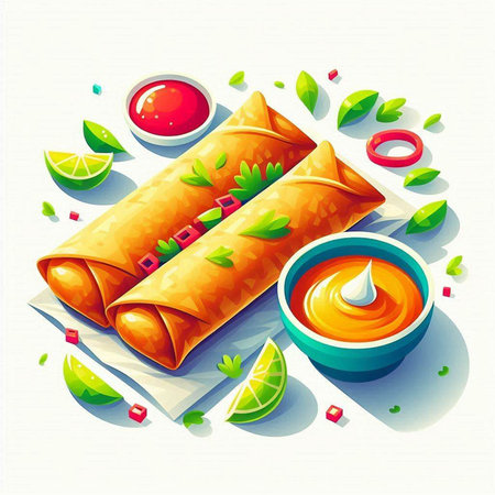 Illustration of a spring roll with tomato sauce and lime slices on a white backgroundのイラスト素材