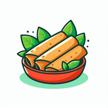 Crispy pancake roll with green leaf on plate. Vector illustration.のイラスト素材