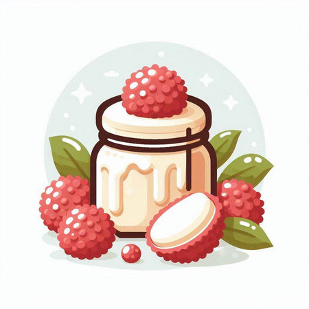 Litchi jam in glass jar. Sweet litchi jam in jar. Vector illustrationのイラスト素材