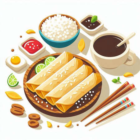 Illustration of a set of Asian food on a white background.のイラスト素材