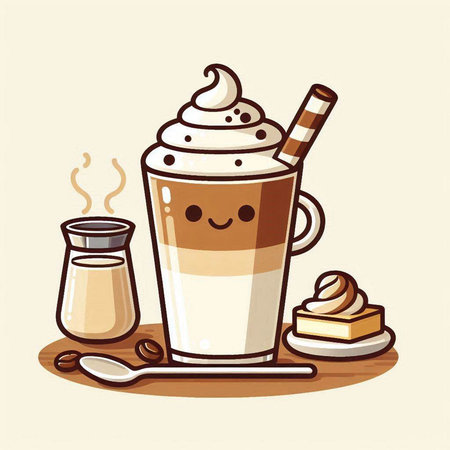Coffee with whipped cream in a glass, cartoon vector illustration.のイラスト素材