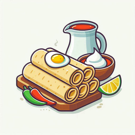 Pancakes with fried egg on a wooden plate. Vector illustration.のイラスト素材