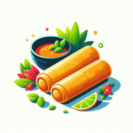 Fried spring rolls with chili sauce and lime. Vector illustration.のイラスト素材