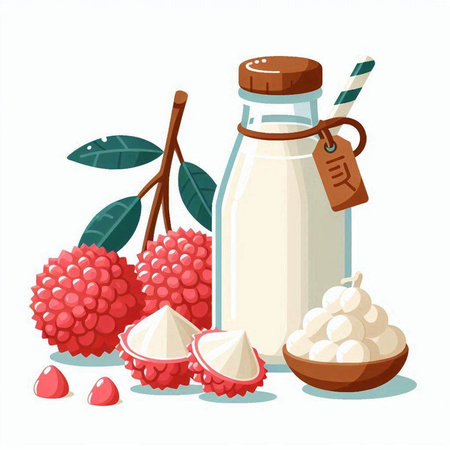 Fresh lychee and milk in a glass bottle. Vector illustration.のイラスト素材