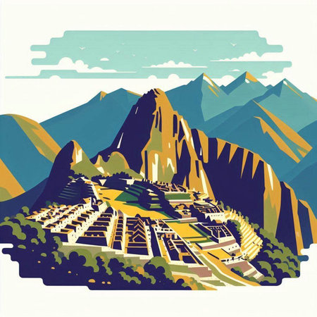 Landscape with mountains and village. Vector illustration in retro style.のイラスト素材