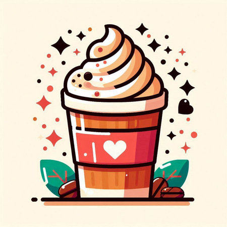 Coffee cup with whipped cream and coffee beans. Vector illustration.のイラスト素材