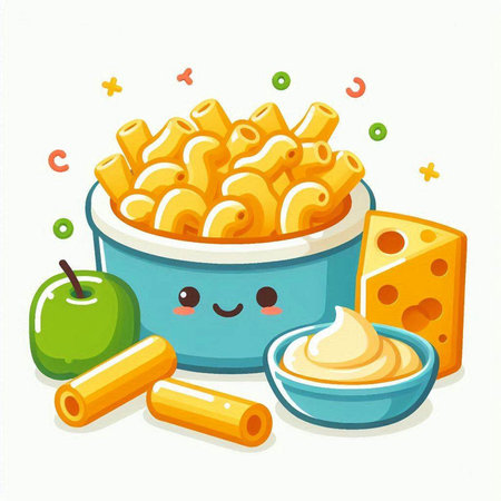 Vector illustration of a bowl of macaroni with cheese and appleのイラスト素材