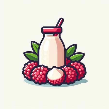 Milk bottle with raspberries. Vector illustration in cartoon style.のイラスト素材
