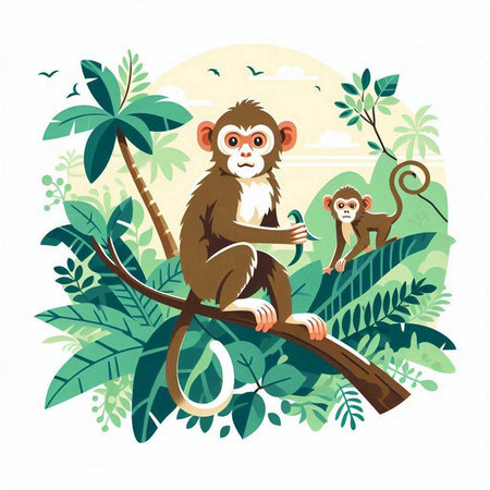 Cute monkey sitting on the branch of palm tree, vector illustrationのイラスト素材