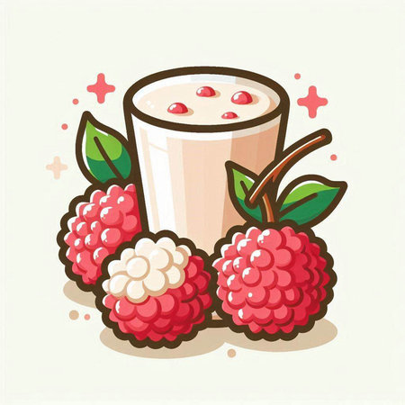 Illustration of a glass of milk with raspberries and leavesのイラスト素材