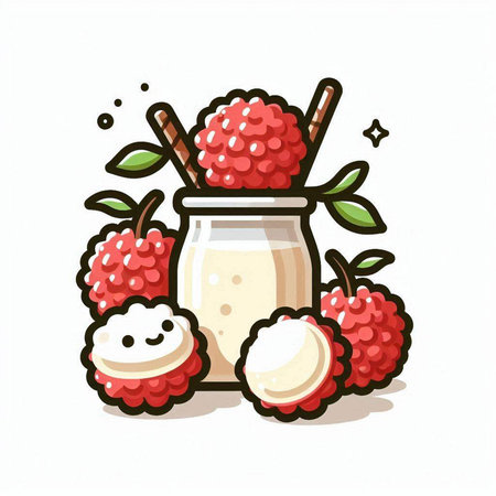 Lychee in a glass jar. Vector illustration on white background.のイラスト素材