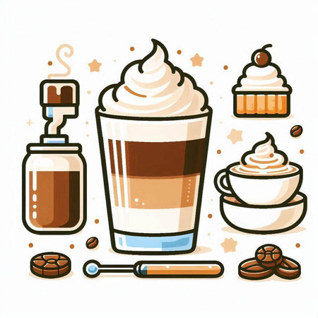 Coffee set. Iced coffee, cappuccino, latte, latte. Vector illustrationのイラスト素材