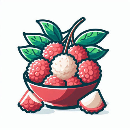 Lychee fruit in bowl isolated on white background. Vector illustration.のイラスト素材