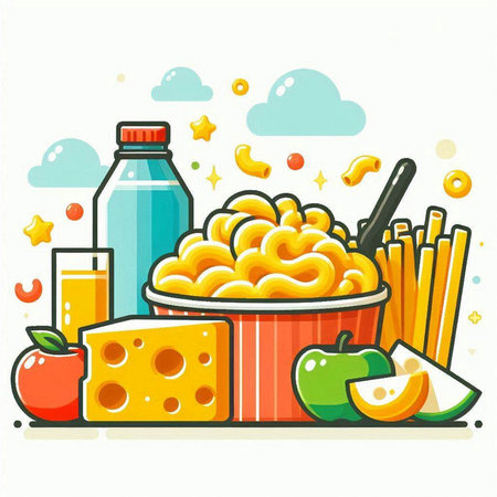 Vector illustration of a bowl of macaroni with cheese, apple, tomato and juice in a flat style.のイラスト素材