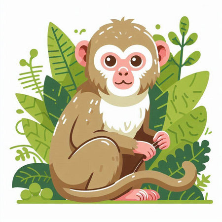 Cute monkey sitting on the green leaves background. Vector illustration.のイラスト素材