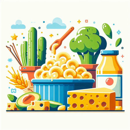 Vector illustration of healthy food. Cucumber, pasta, cheese, milk, oil.のイラスト素材