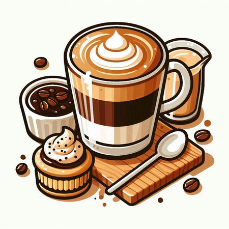 Illustration of a cup of coffee with whipped cream and a cupcakeのイラスト素材