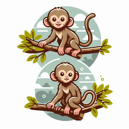 Cute monkey sitting on the branch of a tree. Vector illustrationのイラスト素材