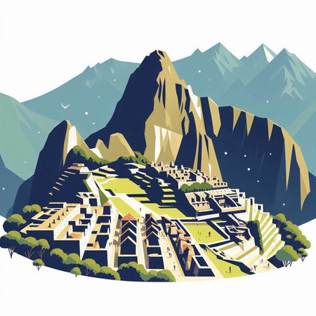 Vector illustration of a town in the mountains with houses and trees.のイラスト素材