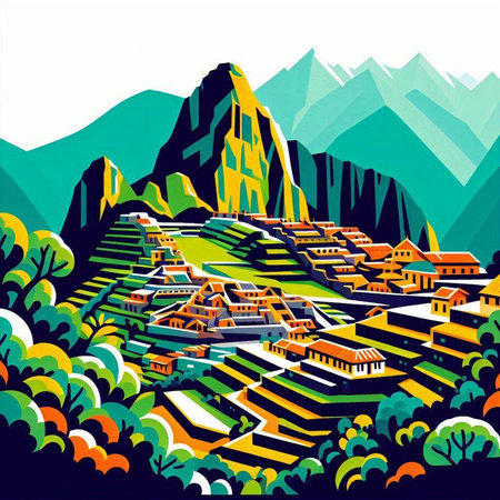 Landscape of a mountain village in the valley. Vector illustration.のイラスト素材