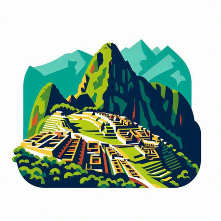 Vector illustration of a mountain landscape with a village in the middle.のイラスト素材