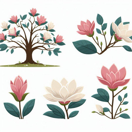 Set of magnolia tree with flowers and leaves. Vector illustration.のイラスト素材