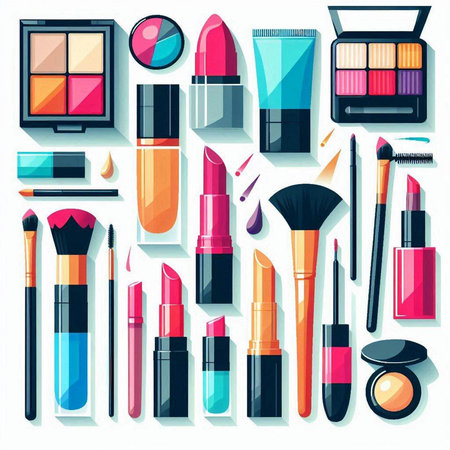 Set of decorative cosmetics and makeup products. Vector illustration in flat styleのイラスト素材