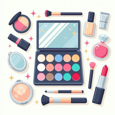 Set of decorative cosmetics and accessories. Vector illustration in flat style.のイラスト素材